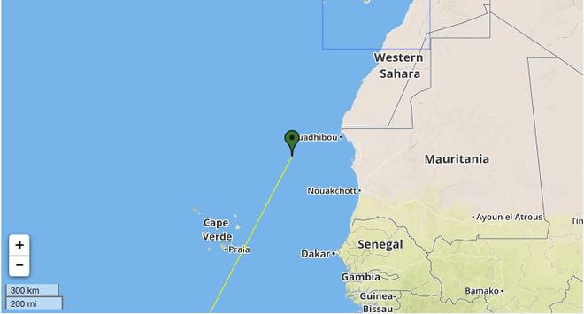 0940 UTC, Leg 1, day 6, position of Abu Dhabi relative the the African geography © PredictWind http://www.predictwind.com
